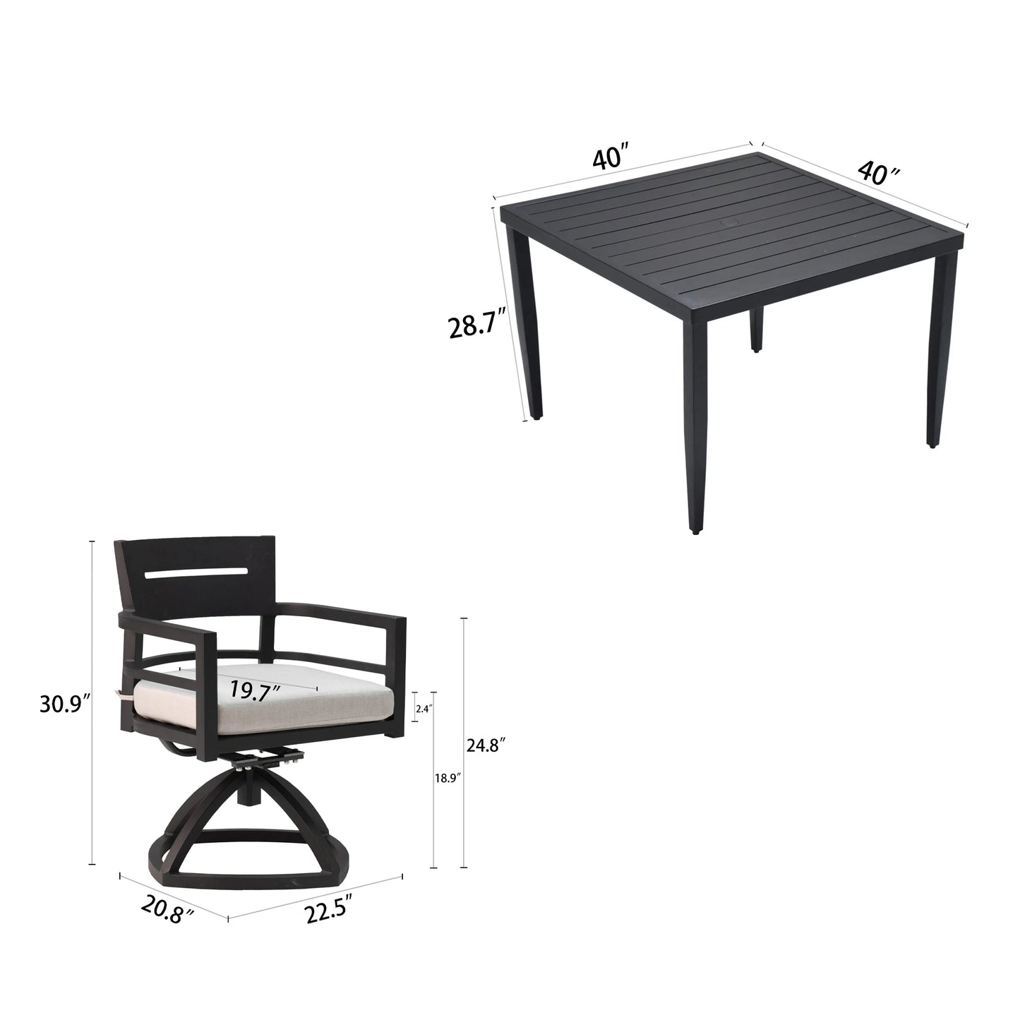 5-Piece Outdoor Aluminum Dining Set – 40" Square Table with Umbrella Hole & 4 Swivel Rocker Armchairs