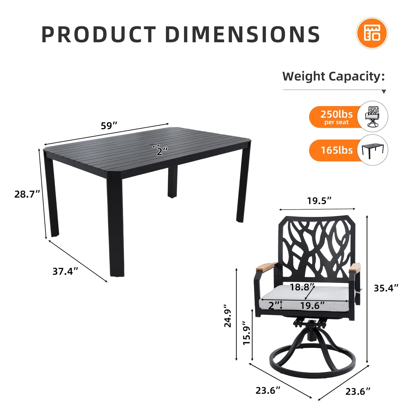 5-Piece Outdoor Aluminum Dining Set – Modern Patio Furniture with 4 Swivel Rocker Chairs and Rectangular Table with Umbrella Hole