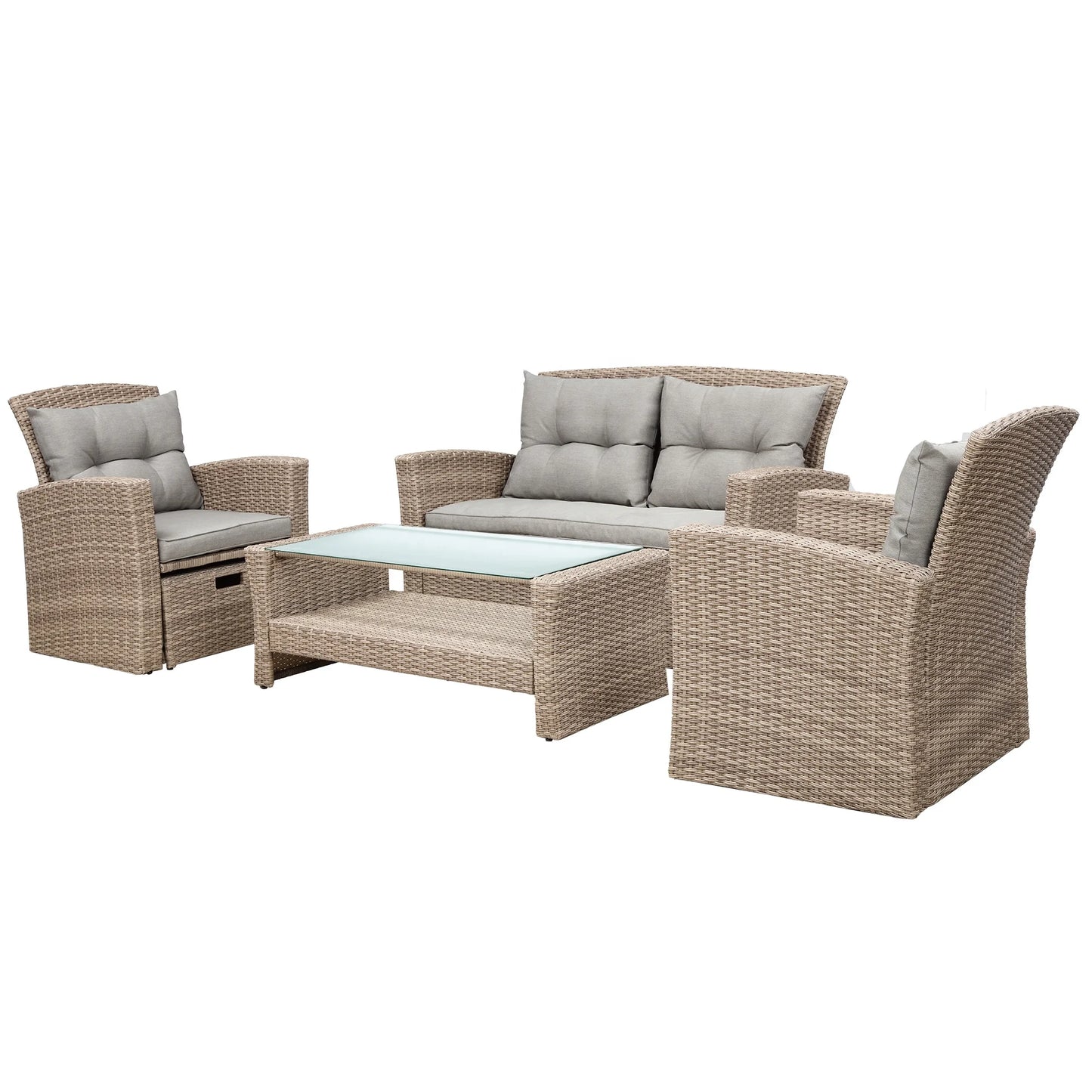 4-Piece U-Shaped Outdoor Wicker Sectional Sofa Set with Ottoman and Cushions – All-Weather Rattan Patio Conversation Set