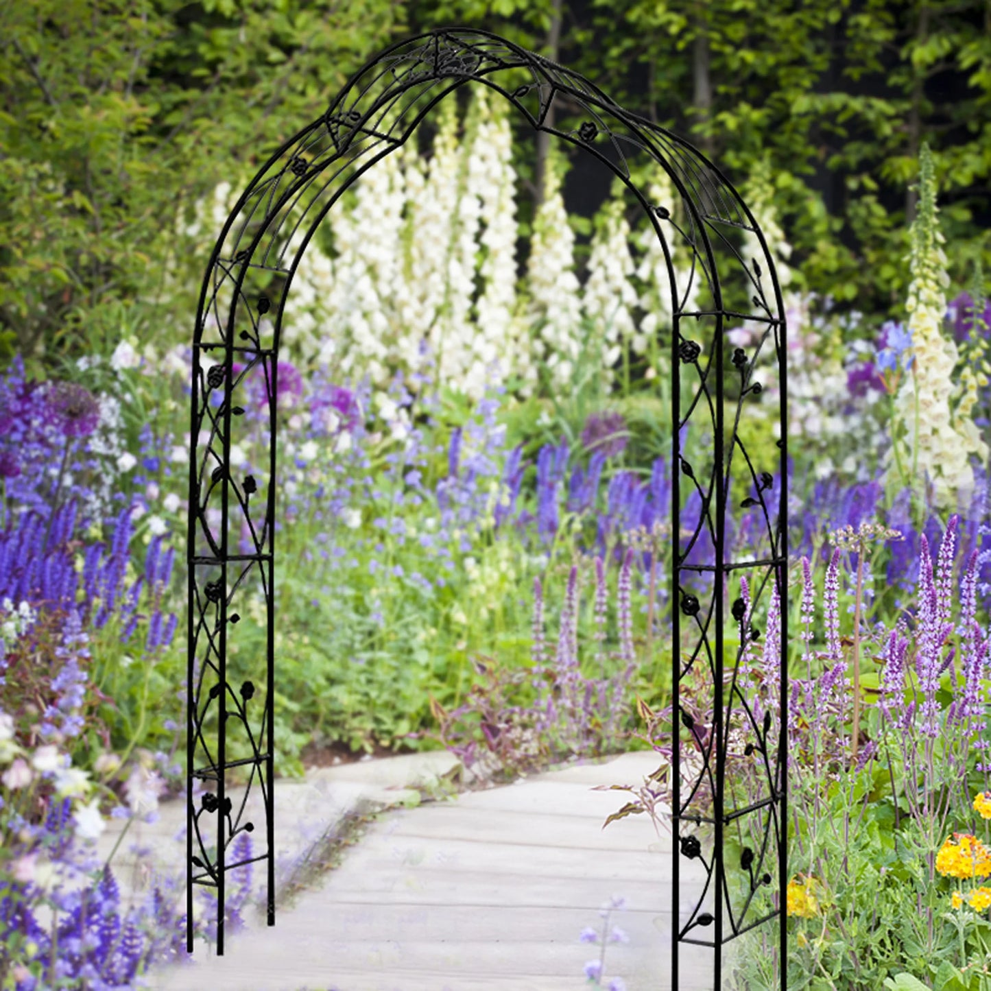 Black Metal Garden Arch for Climbing Plants – Powder-Coated Iron Rose Trellis for Backyard and Outdoor Landscaping