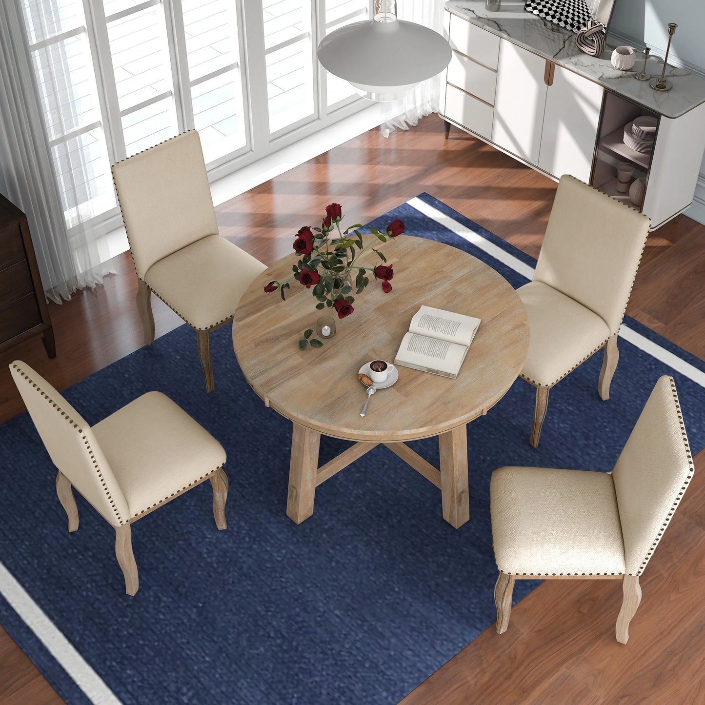 5-Piece Extendable Farmhouse Style Dining Table Set – Round Wooden Table with 4 Upholstered Chairs for Kitchen and Dining Room