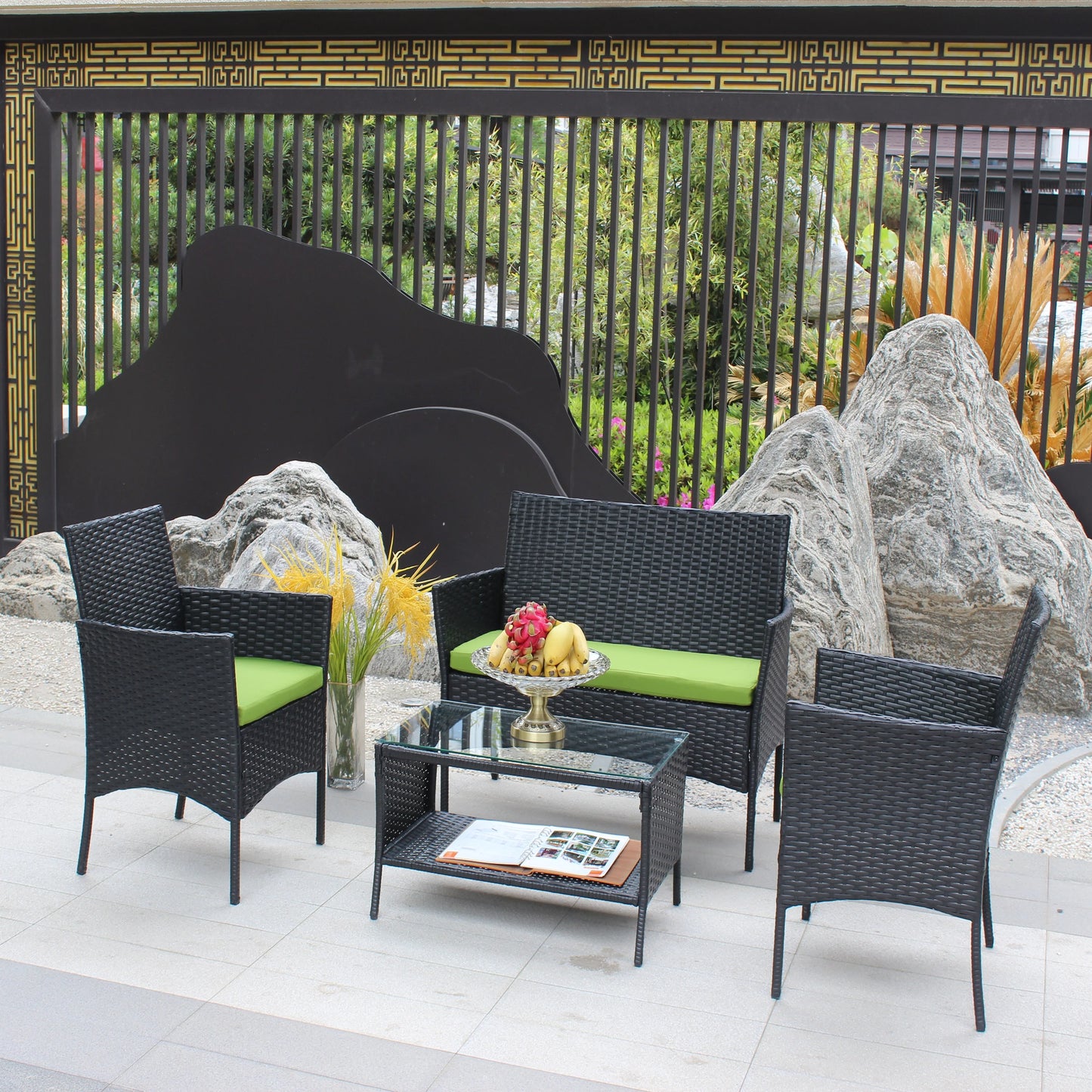 4-Piece Black Rattan Outdoor Garden Furniture Set with Green Cushions – Wicker Sofa and Glass Top Table