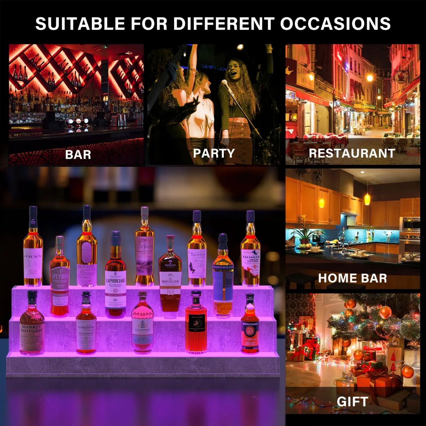37-Inch LED Lighted Grey Wood Bar Display Shelves – Liquor Bottle Storage Cabinet with Remote Control