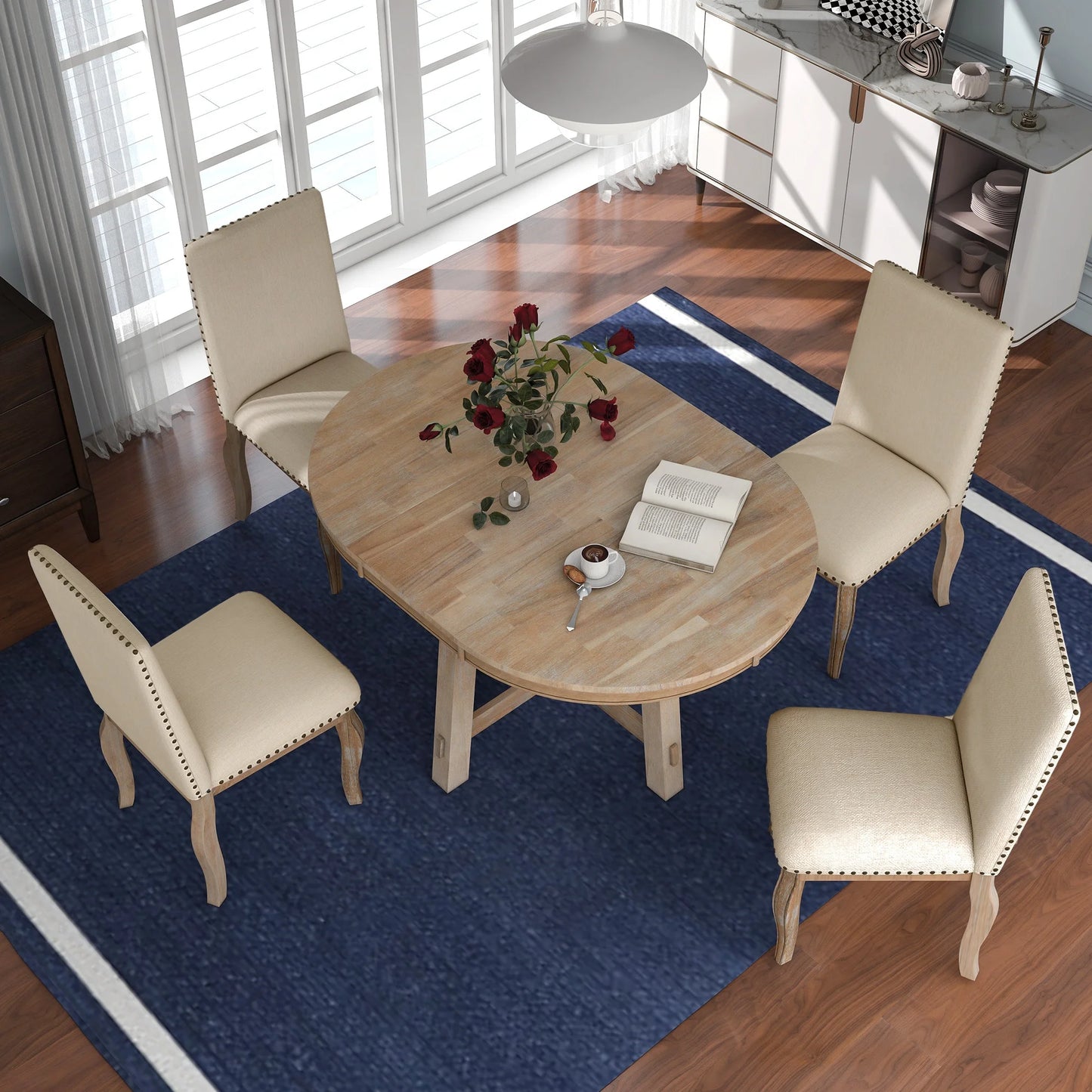 5-Piece Extendable Farmhouse Style Dining Table Set – Round Wooden Table with 4 Upholstered Chairs for Kitchen and Dining Room