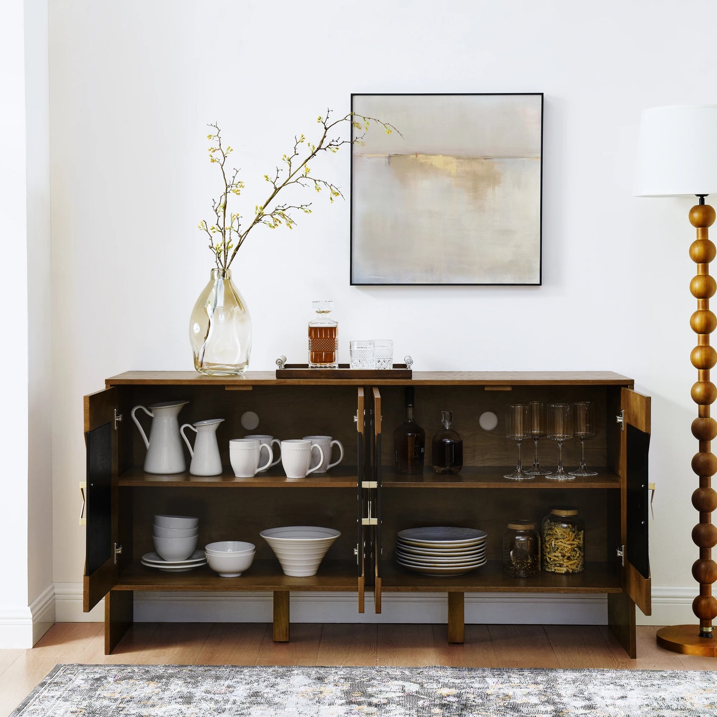 60" Mid-Century Modern Sideboard Buffet Cabinet with Adjustable Shelves and Geometric Pattern – Brown Wooden Storage for Kitchen, Living Room, or Entryway