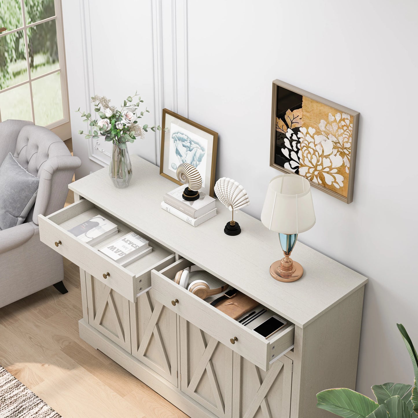 Vintage White Sideboard Cabinet with 2 Drawers and 4 Shutter Doors – Living Room, Bedroom & Kitchen Storage Solution