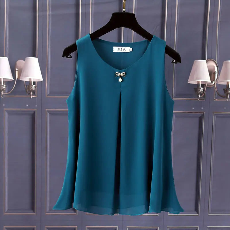 Women's Oversized Sleeveless Chiffon Blouse – Loose Fit O-Neck Summer Top in Solid Colors