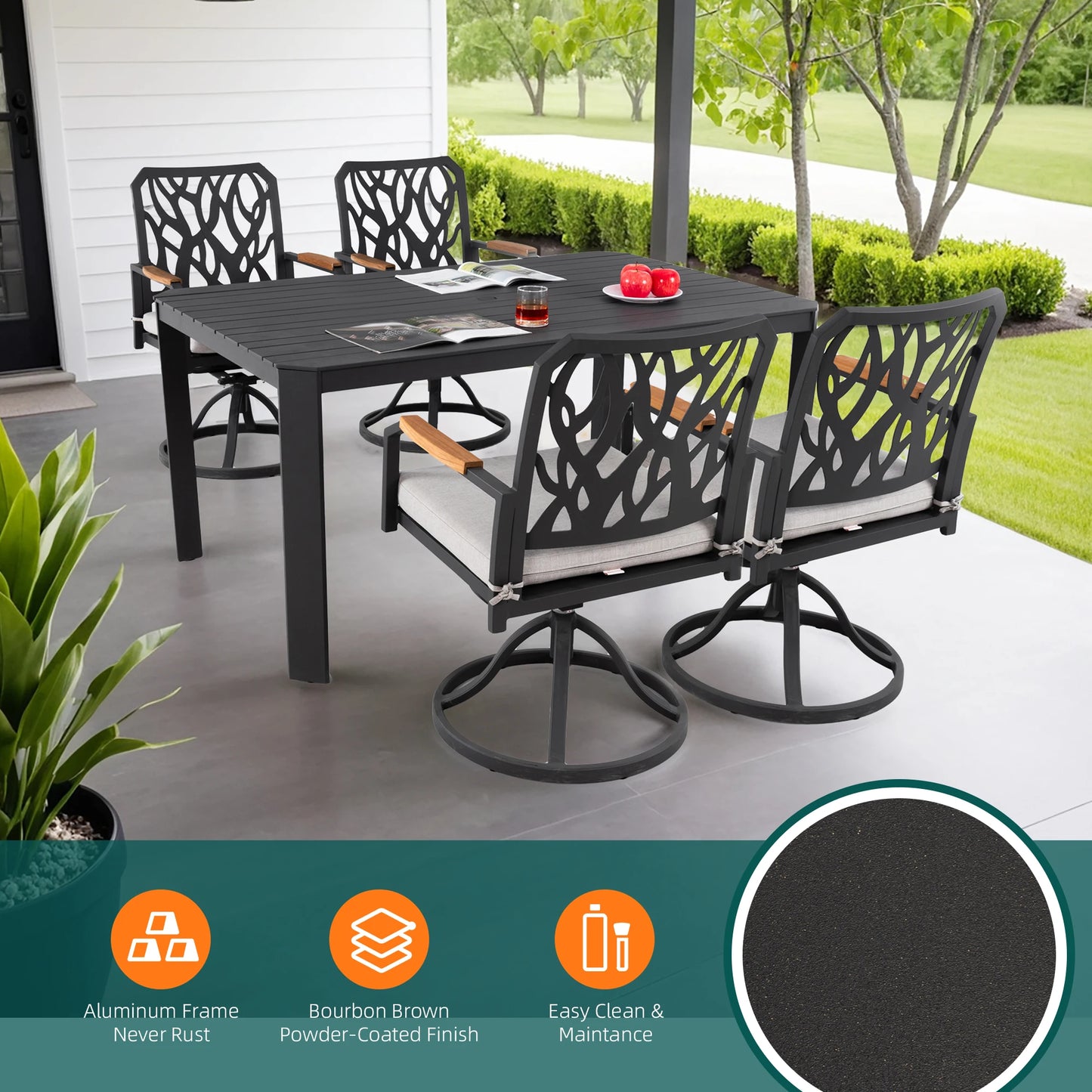 5-Piece Outdoor Aluminum Dining Set – Modern Patio Furniture with 4 Swivel Rocker Chairs and Rectangular Table with Umbrella Hole