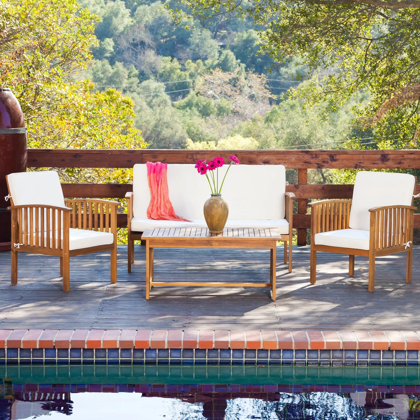 4-Piece Outdoor Garden Chat Set in Natural Acacia Wood with Water-Resistant Beige Cushions – Patio Courtyard Furniture