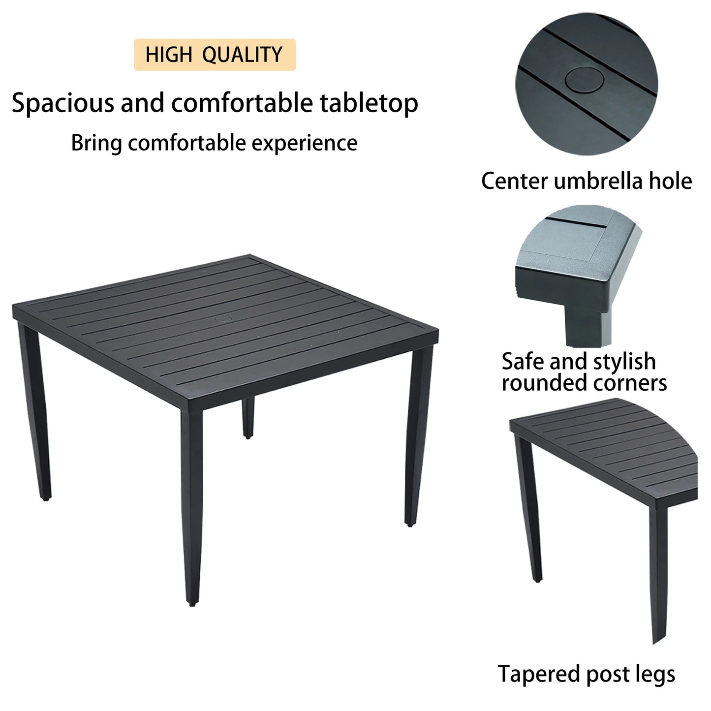 5-Piece Outdoor Aluminum Dining Set – 40" Square Table with Umbrella Hole & 4 Swivel Rocker Armchairs