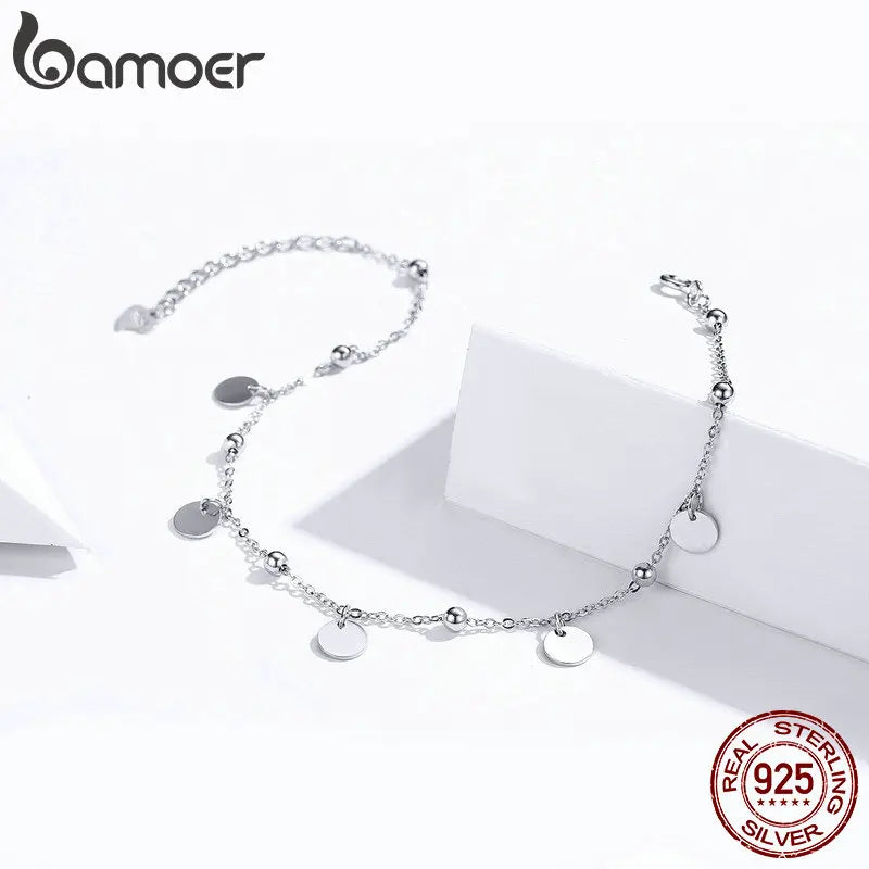 925 Sterling Silver Beaded Anklet – Minimalist Geometric Foot Chain Jewelry for Women