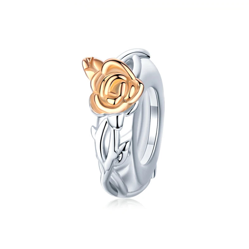 3D Rose Flower Charm Pendant – 925 Sterling Silver with Rose Gold Finish for Bracelets or Necklaces