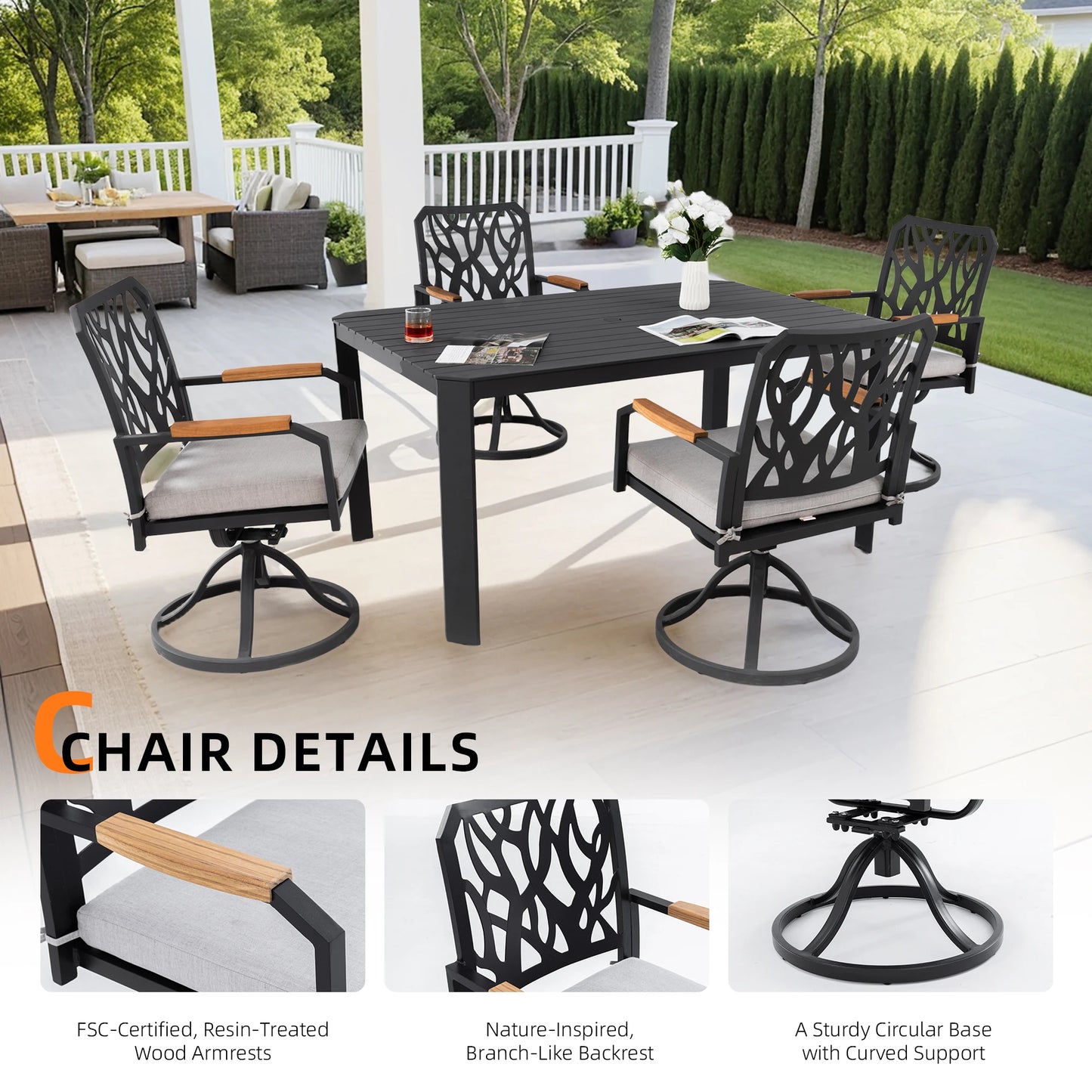 5-Piece Outdoor Aluminum Dining Set – Modern Patio Furniture with 4 Swivel Rocker Chairs and Rectangular Table with Umbrella Hole