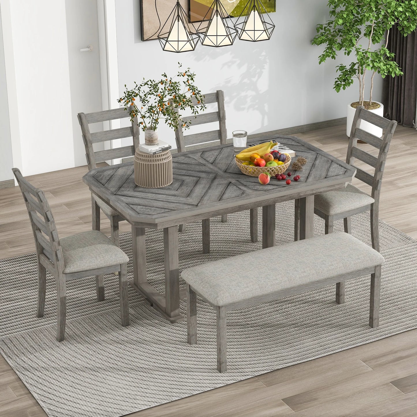 6-Piece Gray Oval Dining Table Set with Bench – Solid Wood Modern Furniture for Apartment or Farmhouse Use