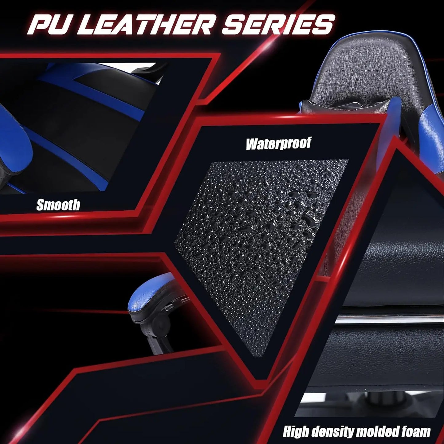 Adjustable Blue PU Leather Gaming Chair – Manual Recliner with Footrest and Lumbar Support