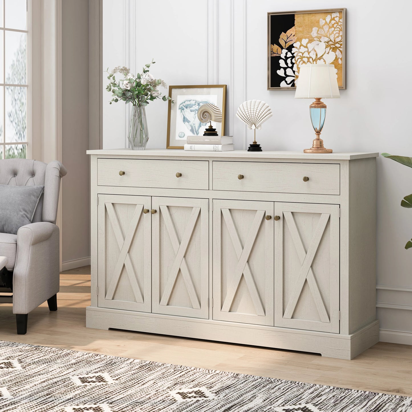 Vintage White Sideboard Cabinet with 2 Drawers and 4 Shutter Doors – Living Room, Bedroom & Kitchen Storage Solution