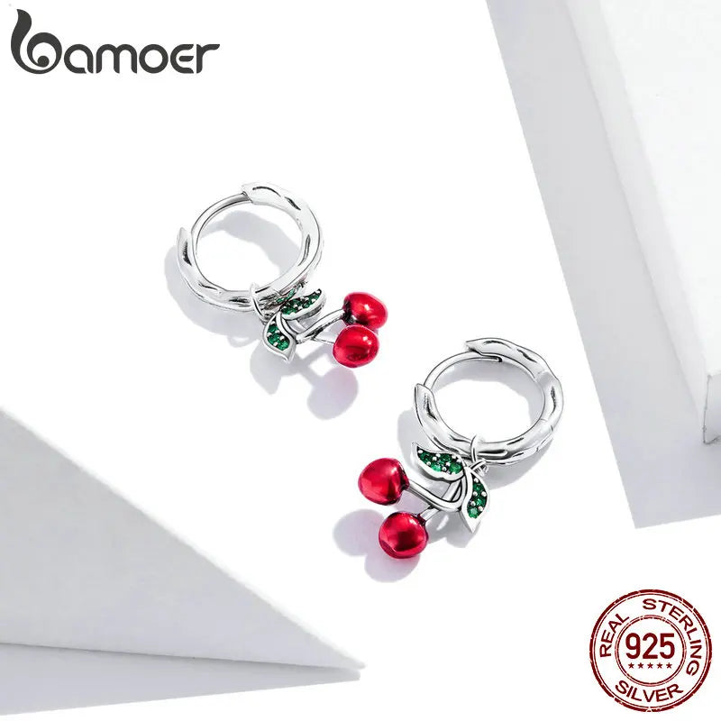 Sterling Silver Sweet Cherry Stud Earrings – Cute Plant-Inspired Zircon Earrings for Women