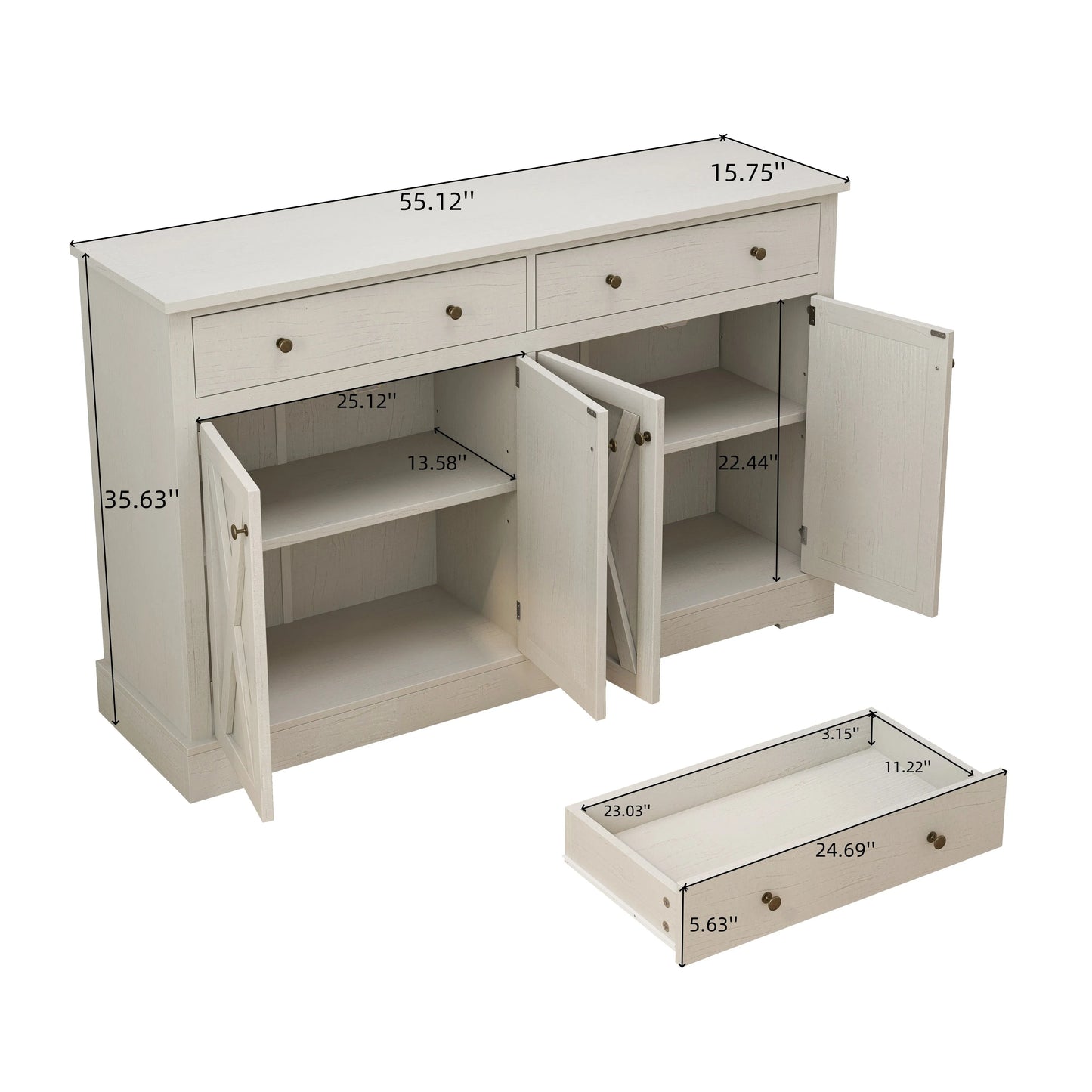 Vintage White Sideboard Cabinet with 2 Drawers and 4 Shutter Doors – Living Room, Bedroom & Kitchen Storage Solution