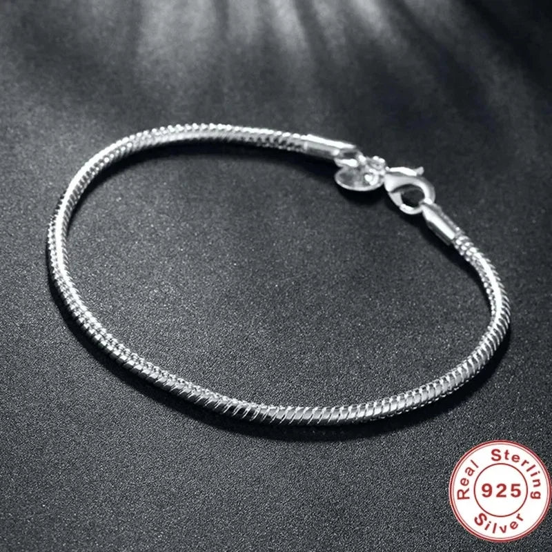100% Authentic 925 Sterling Silver 3MM Snake Chain Bangle Bracelet for Women – Adjustable 16–23CM Luxury Jewelry