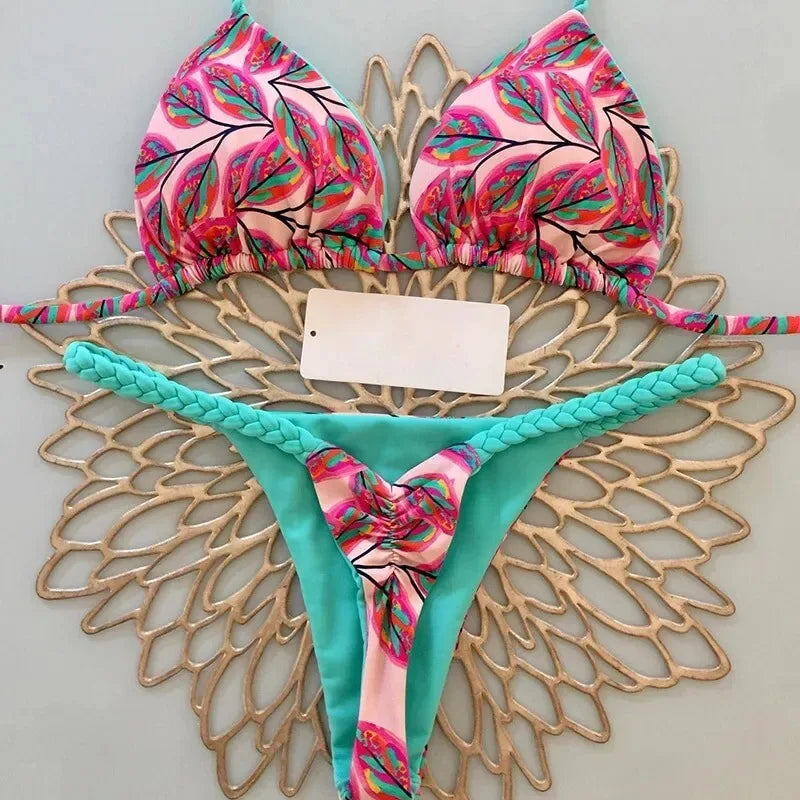 Women's Printed Bikini Set – Fashion Split G-String Swimsuit with Wire-Free Support and Chest Pads, Ideal for Beach Holidays