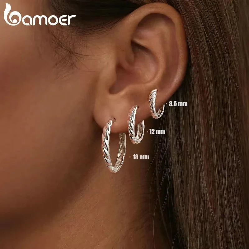 Sterling Silver Twisted Rope Huggie Hoop Earrings – White Gold Plated Lightweight Hypoallergenic Design