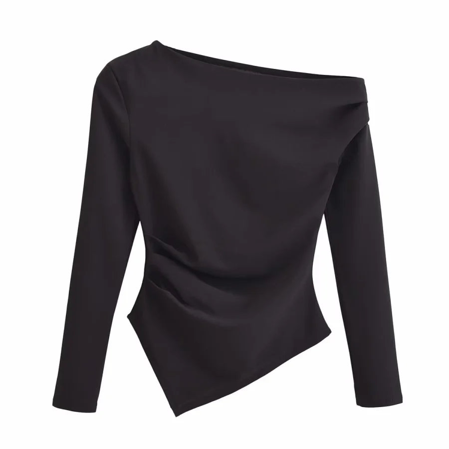 Asymmetrical Pleated Long Sleeve Top – European Style Slim Fit Tee for Women