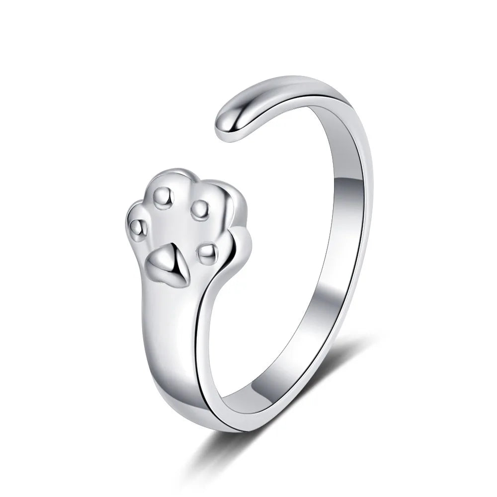 925 Sterling Silver Adjustable Cat Paw Ring for Women – Trendy Animal-Inspired Open Ring for Everyday or Party Wear