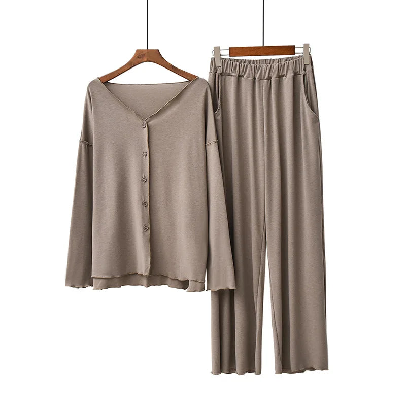 Women's 2-Piece Knit Pajama Set – Long Sleeve V-Neck Cardigan and Pants Loungewear for Winter and Spring Comfort