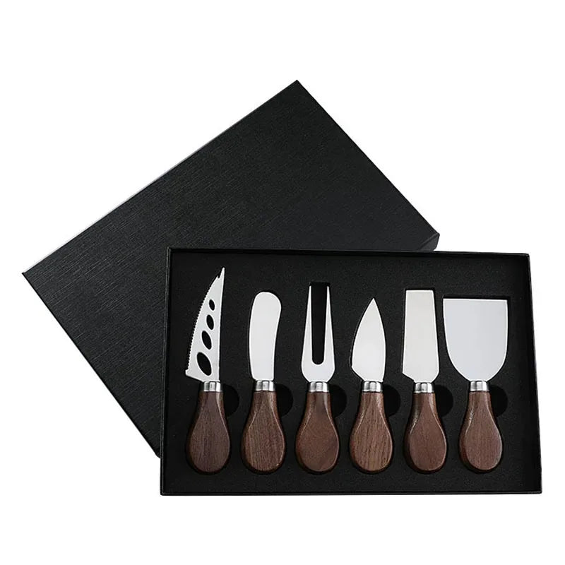 6/4pcs Stainless Steel Cheese Knives Set with Walnut Handle – Fork, Spreader, and Slicer with Gift Box