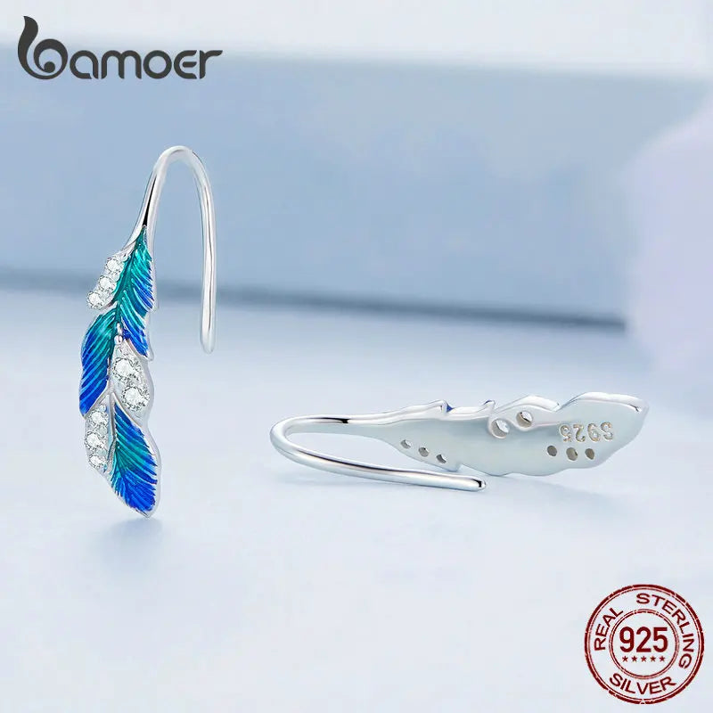 925 Sterling Silver Blue Feather Drop Earrings with CZ – Elegant Gift for Women