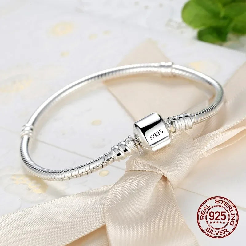 100% Authentic 925 Sterling Silver 3MM Snake Chain Bangle Bracelet for Women – Adjustable 16–23CM Luxury Jewelry