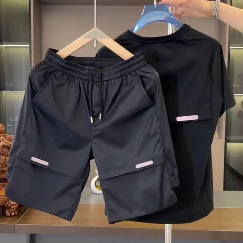 Summer Men's Ice Silk Two-Piece Set – Breathable Perforated Short Sleeve Top and Quick-Dry Shorts for Sports and Leisure