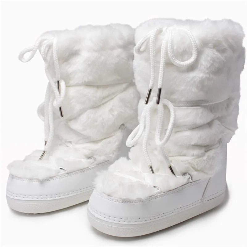 Women's Fluffy Mid-Calf Faux Fur Snow Boots – 2024 Winter Platform Lace-Up Waterproof Ski Boots