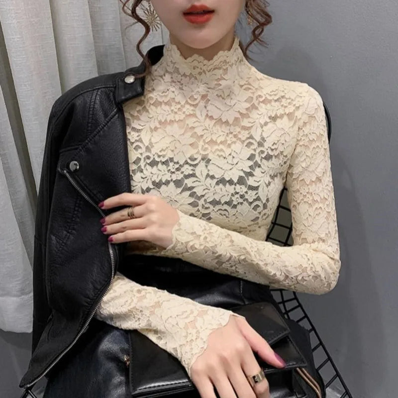 Versatile High Neck Lace Blouse – Elegant Slim Fit with Mock Neckline and Lace Trim