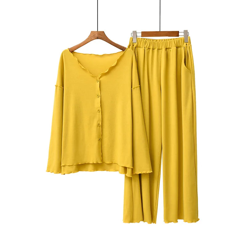 Women's 2-Piece Knit Pajama Set – Long Sleeve V-Neck Cardigan and Pants Loungewear for Winter and Spring Comfort