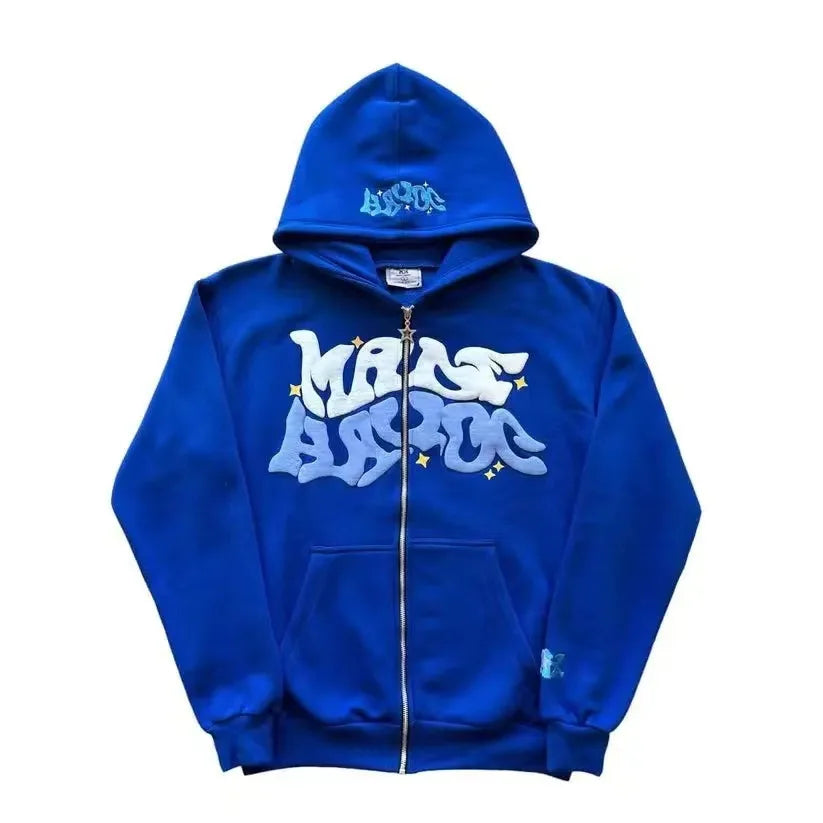 Y2K Star & Letter Print Zip-Up Hoodie – Unisex American Retro Style Thick Hooded Jacket for Spring & Autumn Casual Streetwear