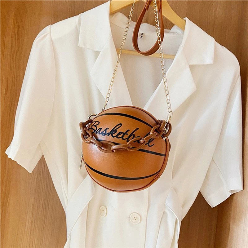 Women's Round Basketball Handbag – PU Leather Crossbody Bag with Zipper Closure & Cartoon Letter Detail