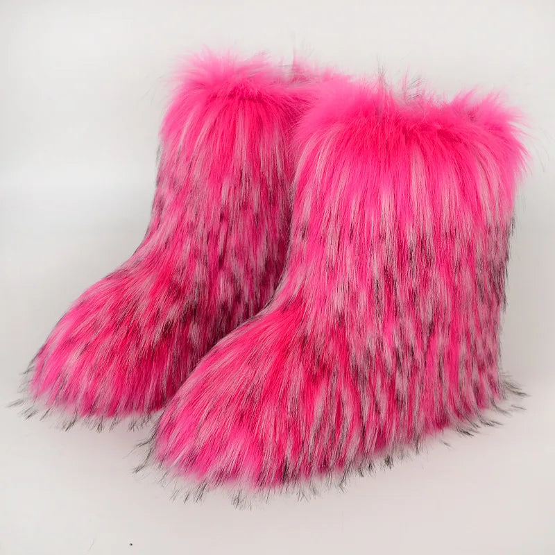 Women's Faux Fur Winter Snow Boots – Fluffy Plush Mid-Calf Slip-On Boots with Flat Sole for Cold Weather Comfort