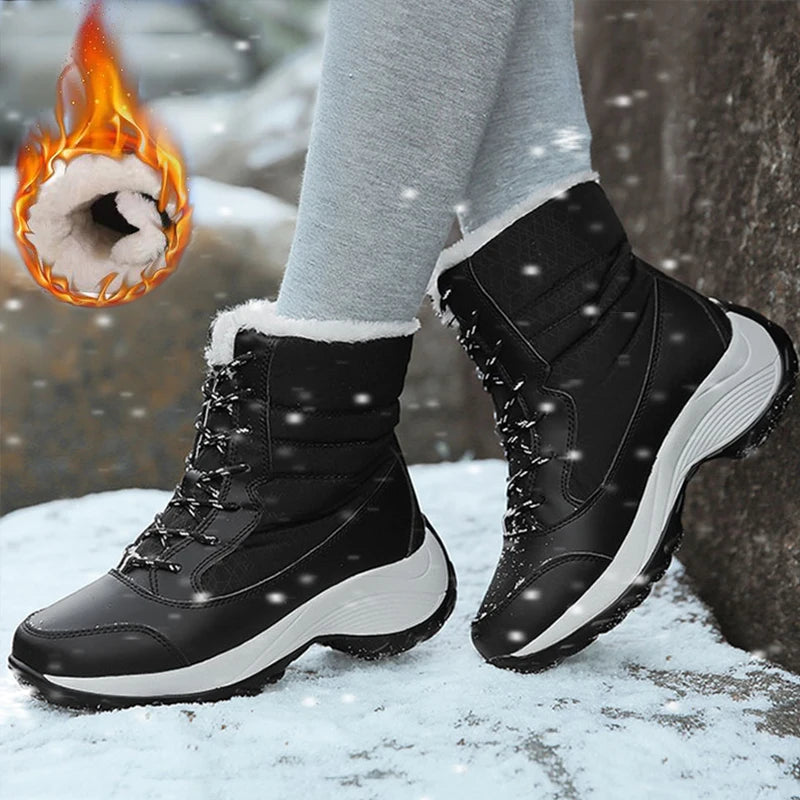 Women's Mid-Calf Winter Boots – Warm Plush Lined Platform Boots with Wedge Heel and Lace-Up Design
