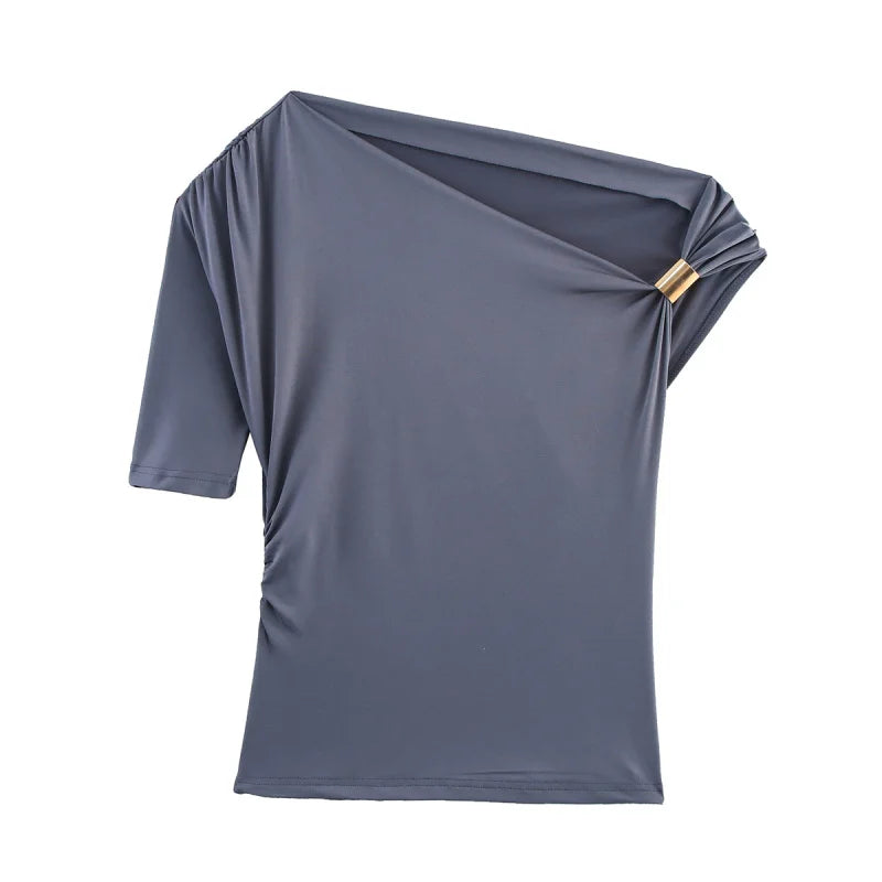 Women's Elegant Asymmetric Off-Shoulder Slim T-Shirt – Sexy Short Sleeve Casual Top for Summer Night Out