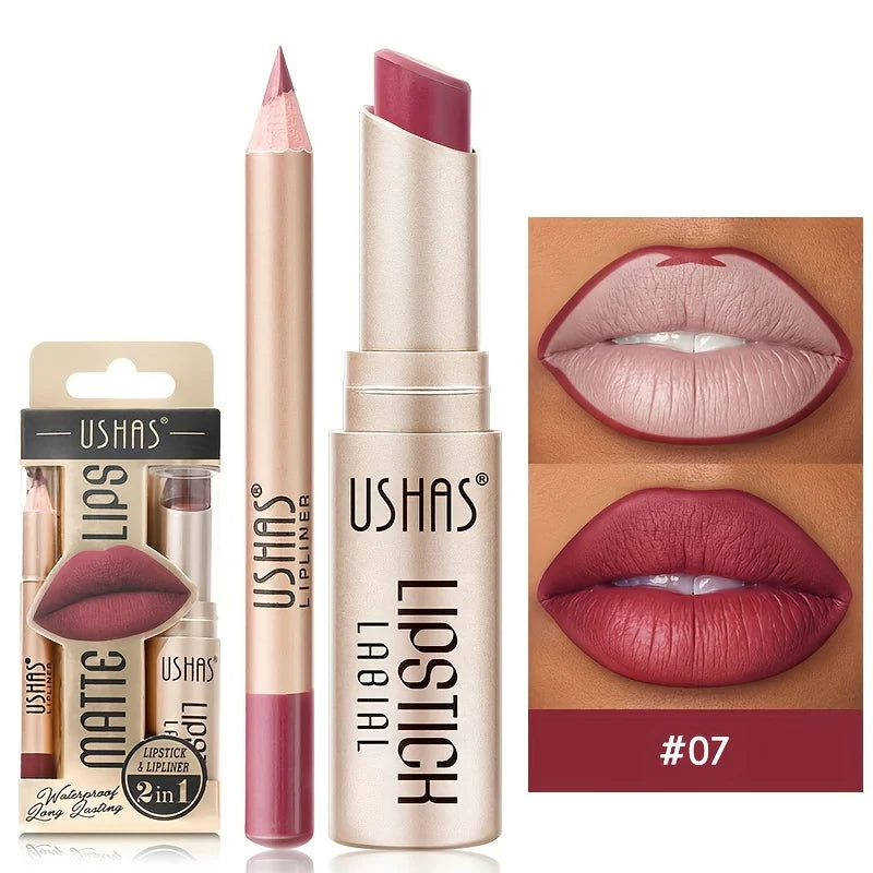 USHAS 12-Color Matte Lipstick & Lip Liner Set – Long-Lasting, Waterproof, Non-Stick Cup Makeup Kit