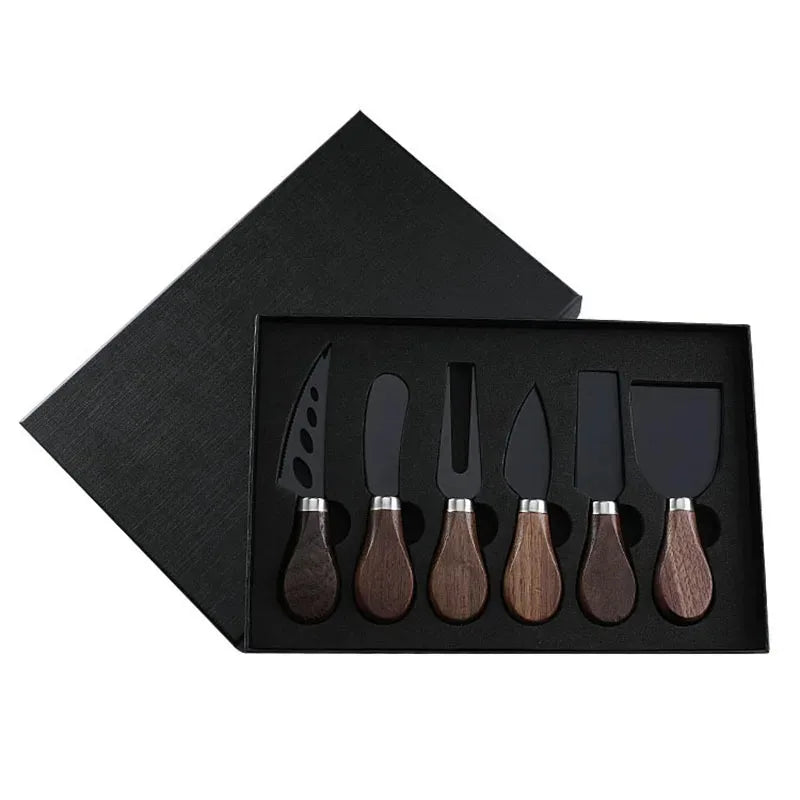 6/4pcs Stainless Steel Cheese Knives Set with Walnut Handle – Fork, Spreader, and Slicer with Gift Box