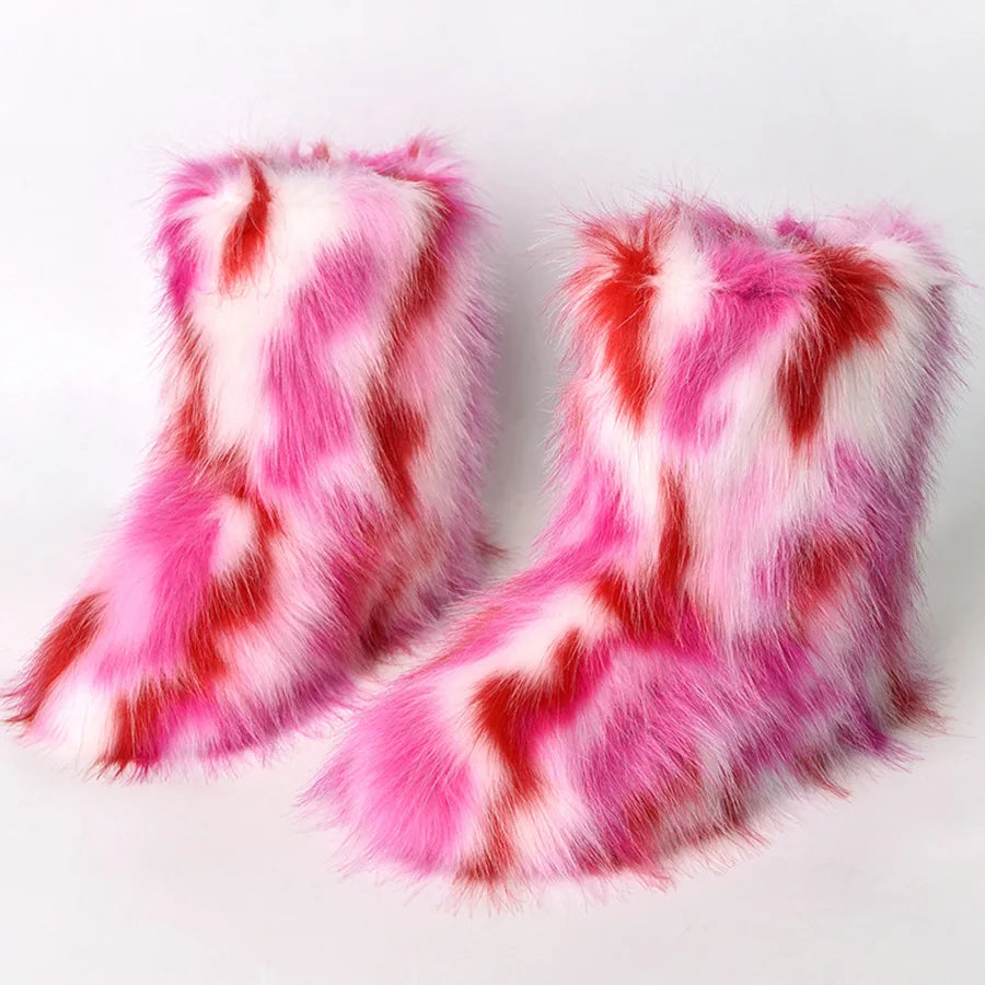 Women's Faux Fur Winter Snow Boots – Fluffy Plush Mid-Calf Slip-On Boots with Flat Sole for Cold Weather Comfort