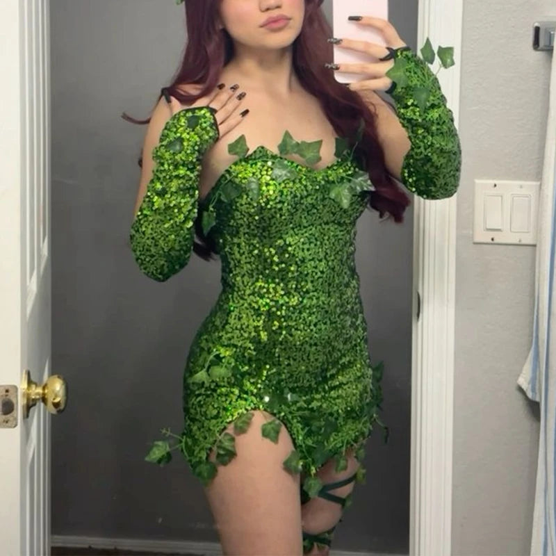 Women's Halloween Forest Fairy Elf Costume – Sequin Dress with Gloves for Cosplay and Fancy Dress Parties