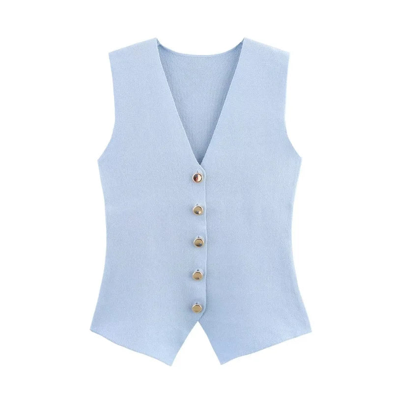 Women's Elegant V-Neck Sleeveless Knit Waistcoat – Button-Up Vest Jacket for Spring & Summer