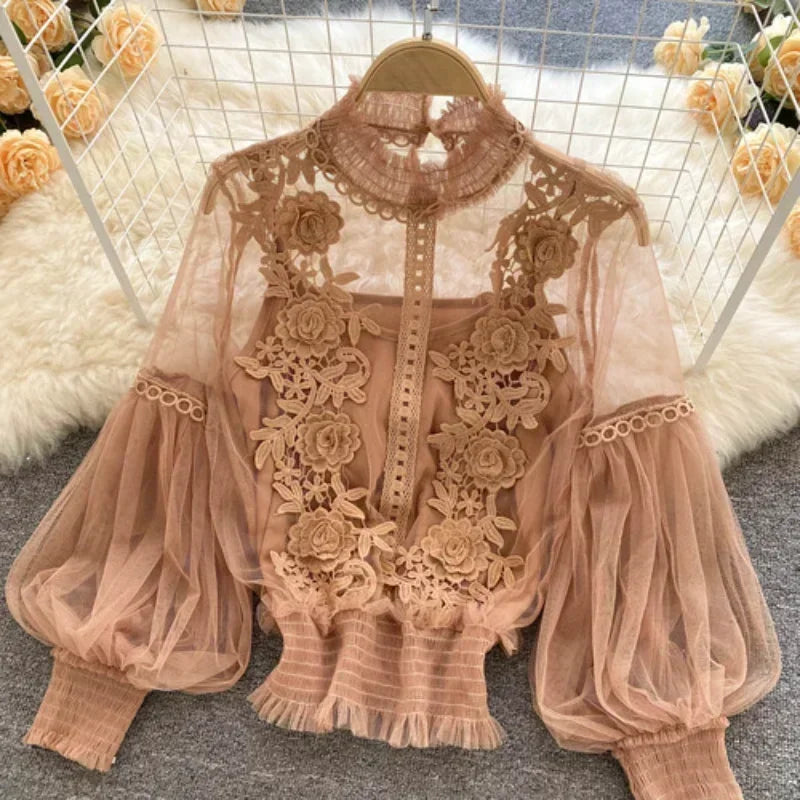 Vintage Lace Patchwork Blouse with Puff Sleeves – Elegant Slim Fit Shirt for Women