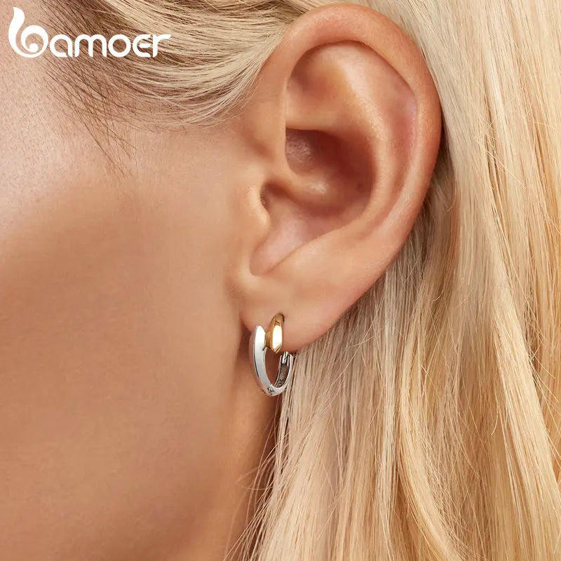 Two-Tone 925 Sterling Silver Classic Hoop Earrings – Hypoallergenic Round Ear Buckles for Women