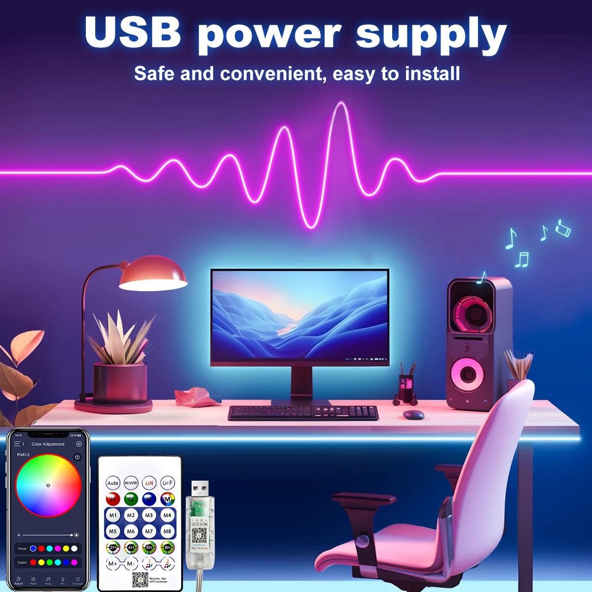 5V RGB USB Neon Strip Light – Waterproof Flexible LED Ribbon with Bluetooth & Remote Control (1M–5M Options)