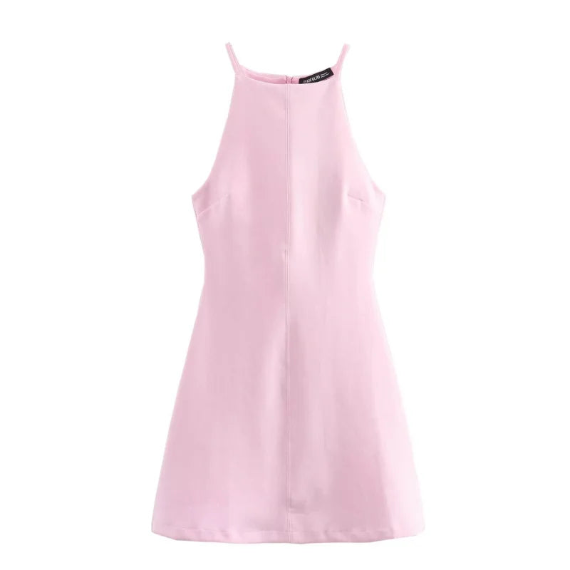 Stretch Knit Halter Mini Dress – 2024 TRAF Sleeveless A-Line Summer Fit with Interlock Neck