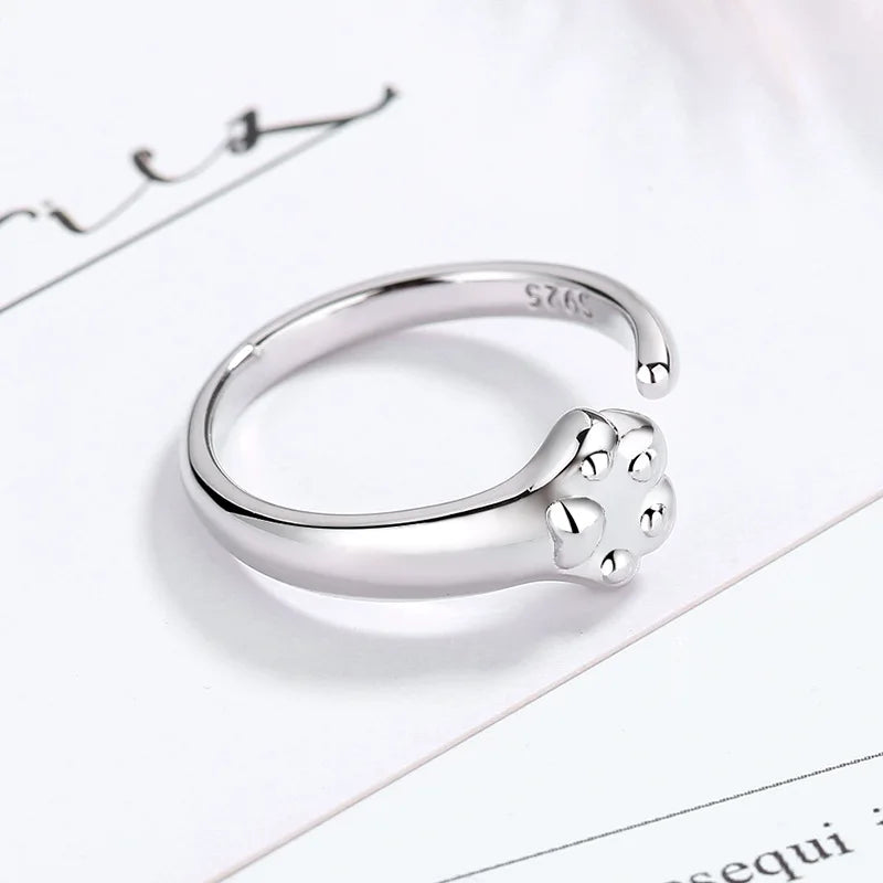 925 Sterling Silver Adjustable Cat Paw Ring for Women – Trendy Animal-Inspired Open Ring for Everyday or Party Wear
